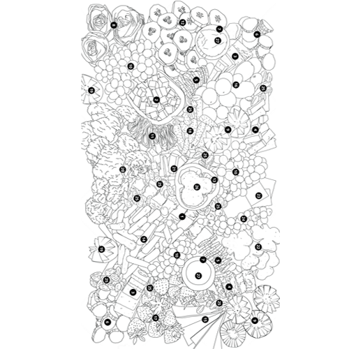 Completed XL charcuterie board with cheeses, fruits, desserts, and appetizers using template