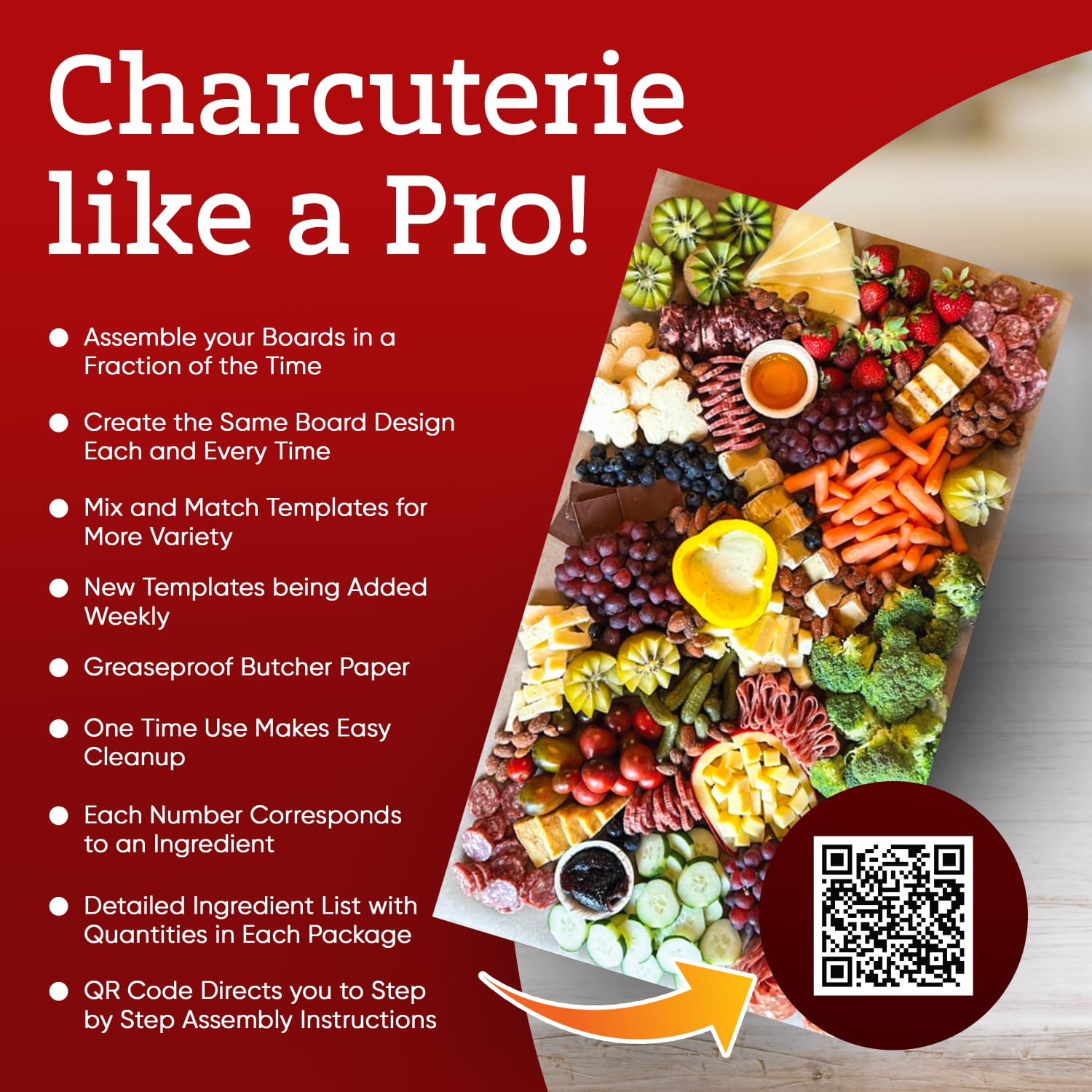 Holiday grazing board setup using XL charcuterie template for parties and events